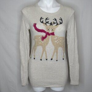 Ann Taylor LOFT Beige Cream Reindeer Crew Neck Sweater Women's S Small